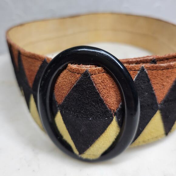 Vtg Saint Laurent Rive Gauche Suede Belt France Bakelite Buckle Geometric 31” - Picture 6 of 14